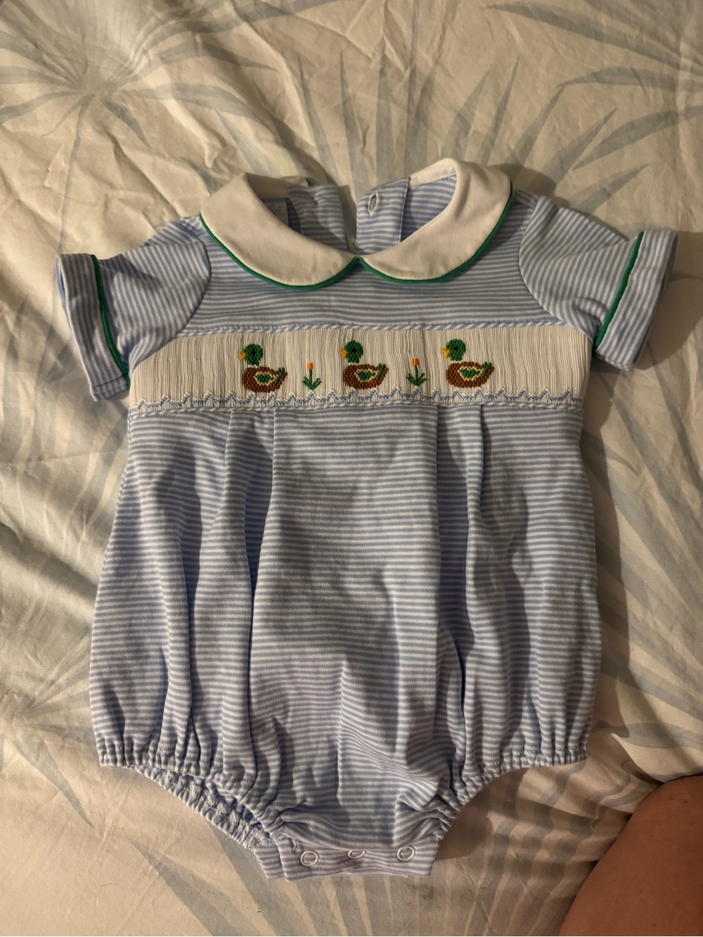 Petite Bleu Smocked Duck Bubble Romper 6M Blue Stripe EUC